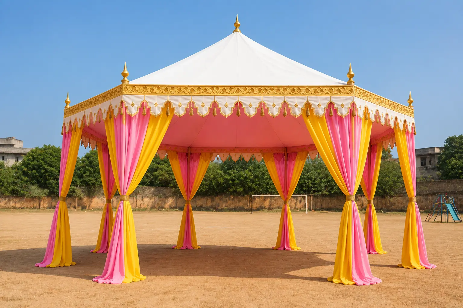 Luxury wedding pavilion tent with royal draping